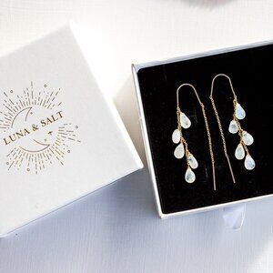Moonstone Threader Earrings Gemstone Dangle Gold Non-tarnish Earrings Gorgeous
